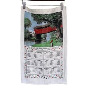 VTG 1997 Calendar Kitchen Tea Towel Red Covered Bridge Farmhouse Nature Linen